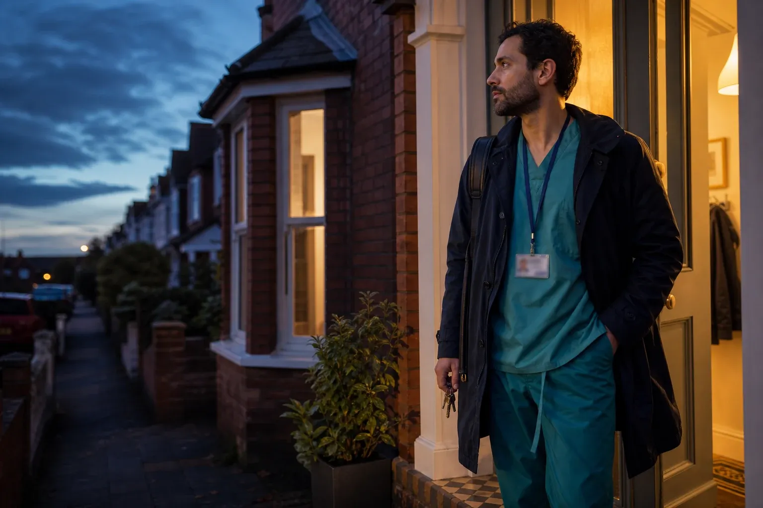 A locum doctor in scrubs and a coat arriving home at dusk, keys in hand at the front door of a terraced house.