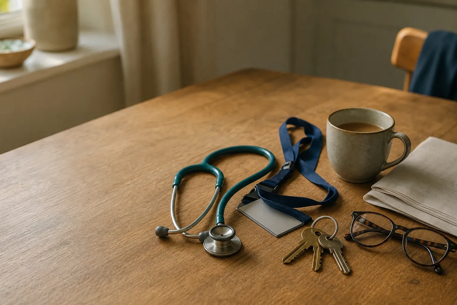 A stethoscope, hospital lanyard, house keys, reading glasses and a mug of tea on a kitchen table.